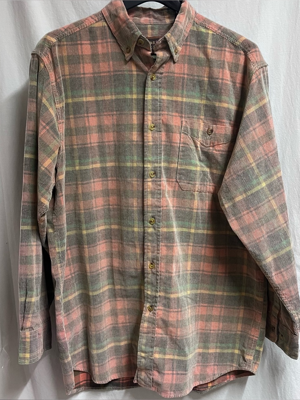Basic Options Mens Plaid Corduroy Button Down Shirt L Long Sleeve Cotton VTG